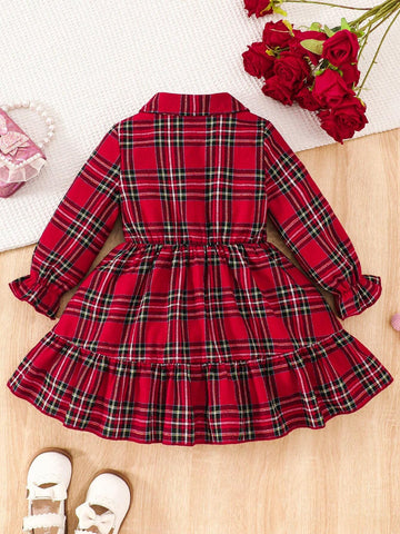 Young Girl Red Plaid Shirt Dress, Suitable For Casual Everyday Wear And Christmas