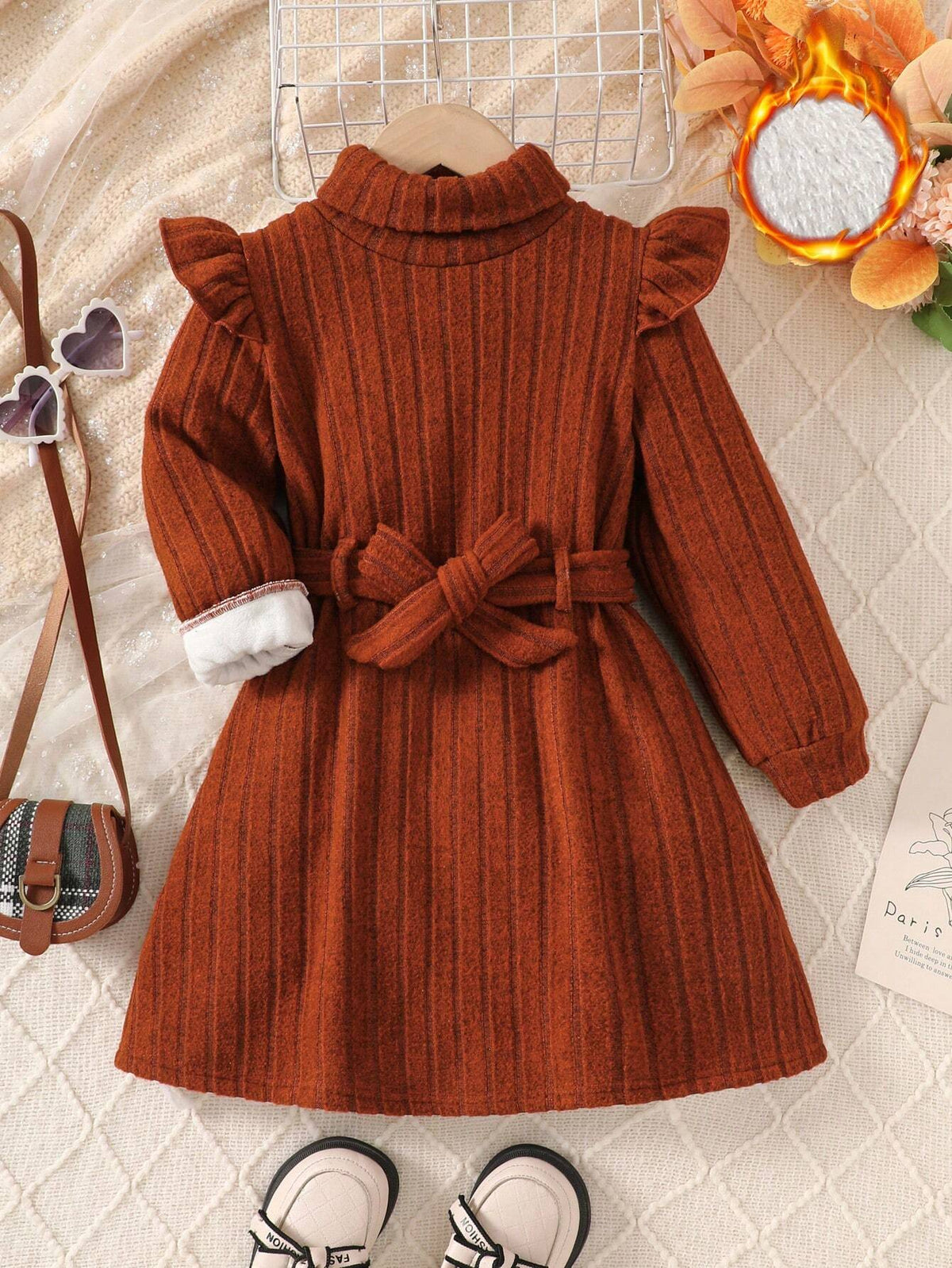 Young Girl Ribbed Fleece Lined Casual Dress, Suitable For Everyday Wear