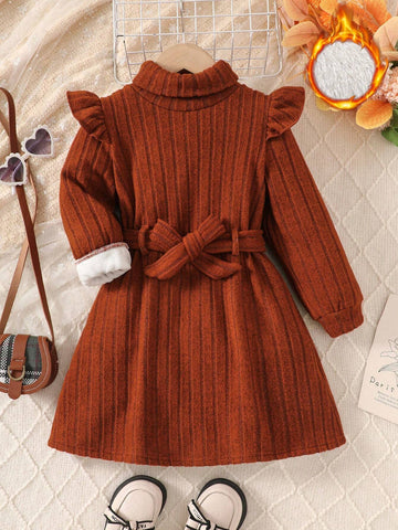 Young Girl Ribbed Fleece Lined Casual Dress, Suitable For Everyday Wear