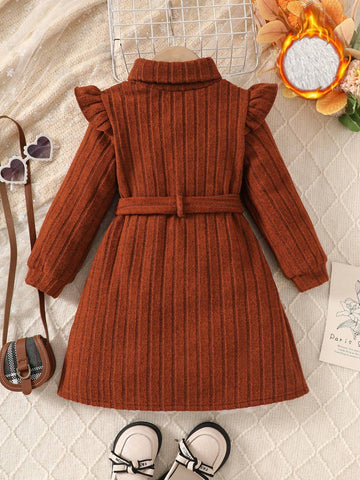 Young Girl Ribbed Fleece Lined Casual Dress, Suitable For Everyday Wear