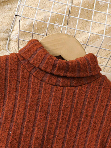 Young Girl Ribbed Fleece Lined Casual Dress, Suitable For Everyday Wear