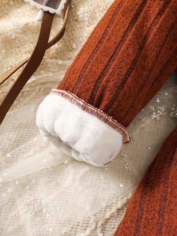 Young Girl Ribbed Fleece Lined Casual Dress, Suitable For Everyday Wear