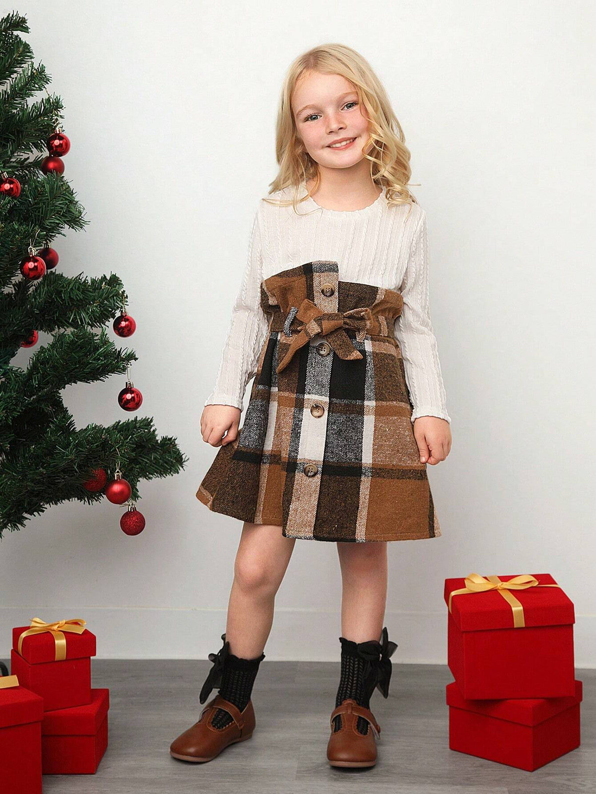Young Girl Round Neck Patchwork Plaid Pattern Casual Dress, Suitable For Everyday Wear
