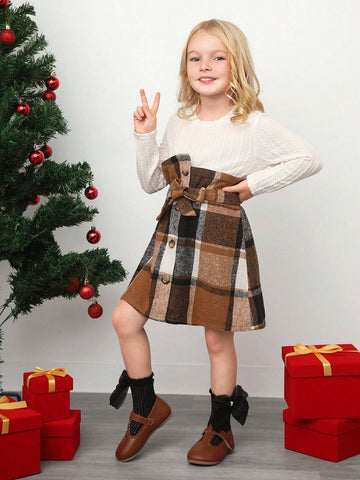 Young Girl Round Neck Patchwork Plaid Pattern Casual Dress, Suitable For Everyday Wear