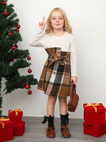 Young Girl Round Neck Patchwork Plaid Pattern Casual Dress, Suitable For Everyday Wear