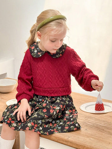 Young Girl Textured Knit Patchwork Ditsy Floral Collar Dress, Suitable For Casual Daily Wear