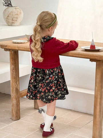 Young Girl Textured Knit Patchwork Ditsy Floral Collar Dress, Suitable For Casual Daily Wear