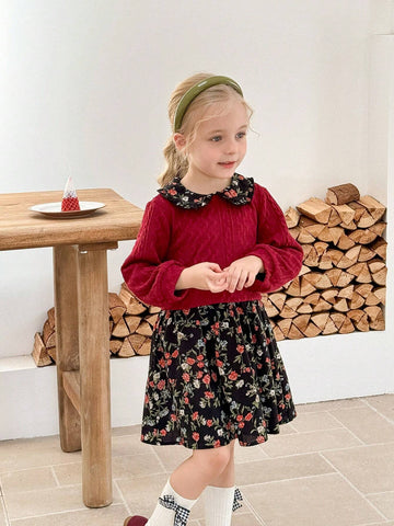Young Girl Textured Knit Patchwork Ditsy Floral Collar Dress, Suitable For Casual Daily Wear