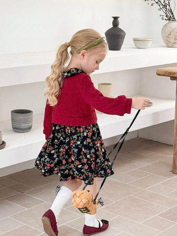 Young Girl Textured Knit Patchwork Ditsy Floral Collar Dress, Suitable For Casual Daily Wear