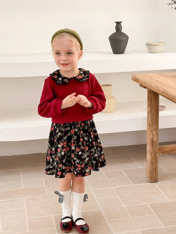 Young Girl Textured Knit Patchwork Ditsy Floral Collar Dress, Suitable For Casual Daily Wear