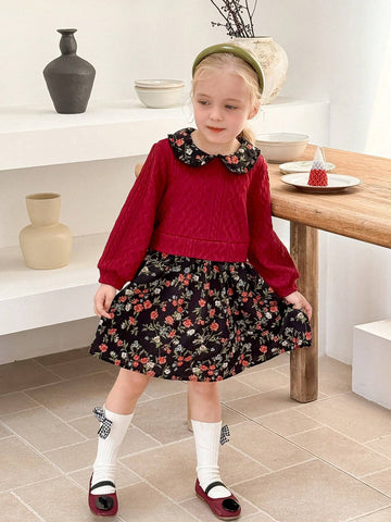 Young Girl Textured Knit Patchwork Ditsy Floral Collar Dress, Suitable For Casual Daily Wear
