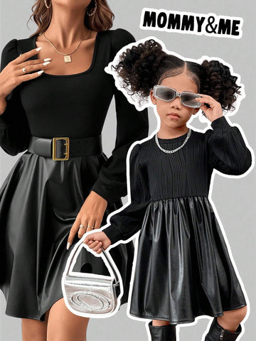 Young Girl & Young Girl Textured Patchwork PU Round Neck Knitted Dress, Suitable For Casual Daily Wear