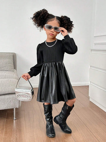 Young Girl & Young Girl Textured Patchwork PU Round Neck Knitted Dress, Suitable For Casual Daily Wear