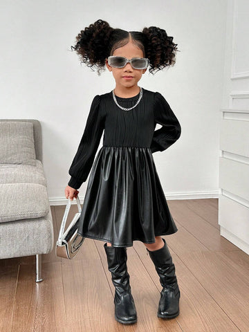 Young Girl & Young Girl Textured Patchwork PU Round Neck Knitted Dress, Suitable For Casual Daily Wear