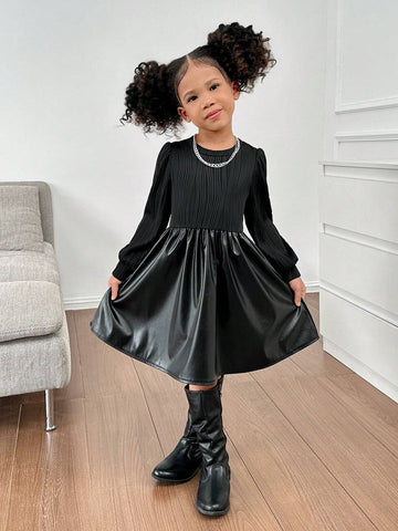 Young Girl & Young Girl Textured Patchwork PU Round Neck Knitted Dress, Suitable For Casual Daily Wear