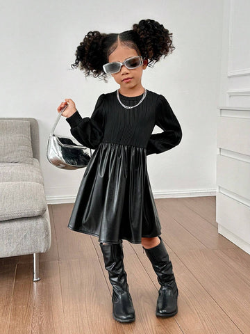 Young Girl & Young Girl Textured Patchwork PU Round Neck Knitted Dress, Suitable For Casual Daily Wear