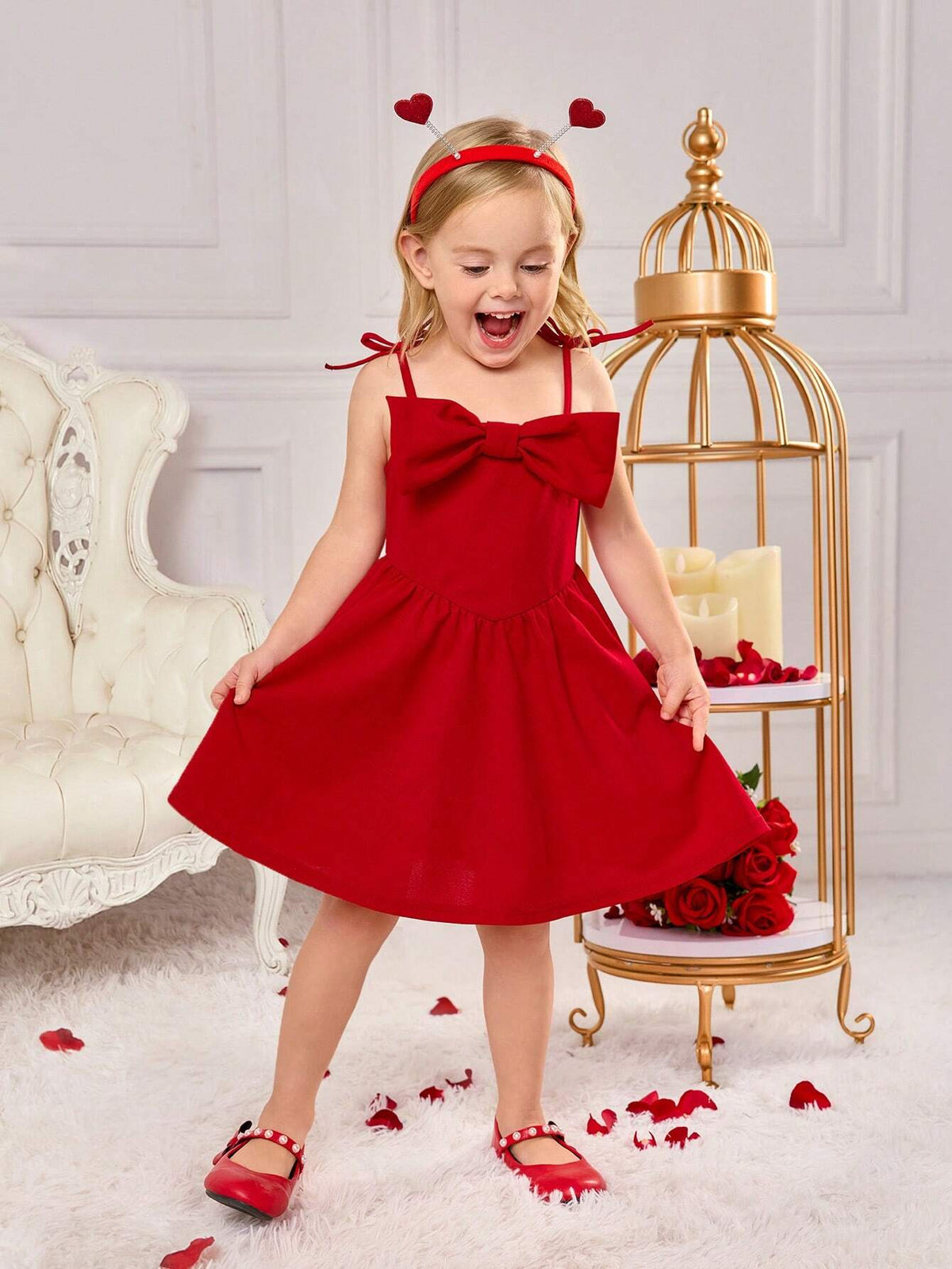 Young Girls'Elegant Woven Spaghetti Strap Red Dress