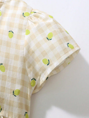 Young Girl's 1pc Cute Fruit Patterned Comfortable Checkered Short Sleeve Casual Dress For Summer