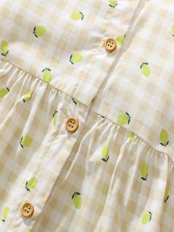 Young Girl's 1pc Cute Fruit Patterned Comfortable Checkered Short Sleeve Casual Dress For Summer