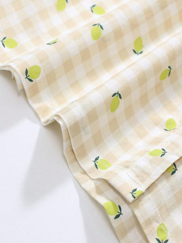 Young Girl's 1pc Cute Fruit Patterned Comfortable Checkered Short Sleeve Casual Dress For Summer