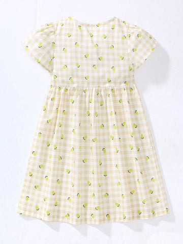 Young Girl's 1pc Cute Fruit Patterned Comfortable Checkered Short Sleeve Casual Dress For Summer