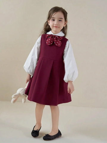 Young Girls 2-4 Years Old Girls Lantern Sleeve Sweet Academy Style Polka Dot Bow Decor 2 In 1 Dress, Autumn 2024 New Collection
