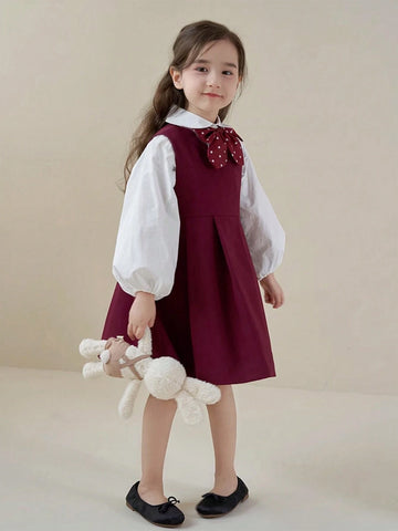 Young Girls 2-4 Years Old Girls Lantern Sleeve Sweet Academy Style Polka Dot Bow Decor 2 In 1 Dress, Autumn 2024 New Collection
