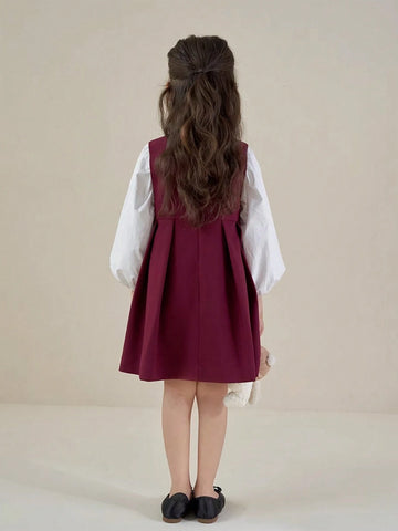 Young Girls 2-4 Years Old Girls Lantern Sleeve Sweet Academy Style Polka Dot Bow Decor 2 In 1 Dress, Autumn 2024 New Collection