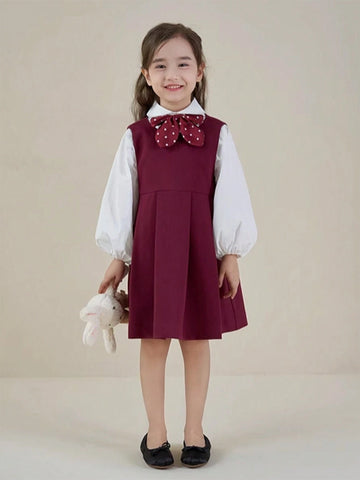 Young Girls 2-4 Years Old Girls Lantern Sleeve Sweet Academy Style Polka Dot Bow Decor 2 In 1 Dress, Autumn 2024 New Collection