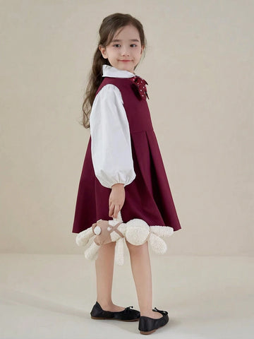 Young Girls 2-4 Years Old Girls Lantern Sleeve Sweet Academy Style Polka Dot Bow Decor 2 In 1 Dress, Autumn 2024 New Collection