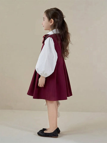 Young Girls 2-4 Years Old Girls Lantern Sleeve Sweet Academy Style Polka Dot Bow Decor 2 In 1 Dress, Autumn 2024 New Collection