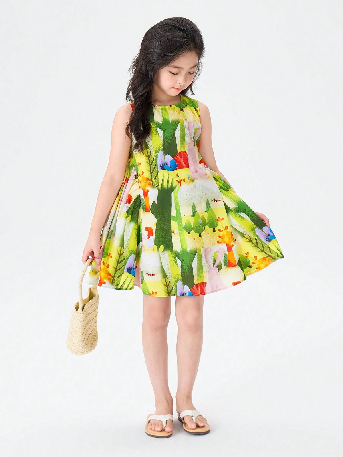Young Girl's 2024 New Graffiti Printed Cotton Dress, Summer Sleeveless Princess Dress For Kids