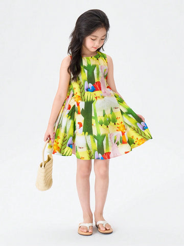Young Girl's 2024 New Graffiti Printed Cotton Dress, Summer Sleeveless Princess Dress For Kids