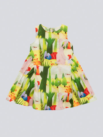 Young Girl's 2024 New Graffiti Printed Cotton Dress, Summer Sleeveless Princess Dress For Kids