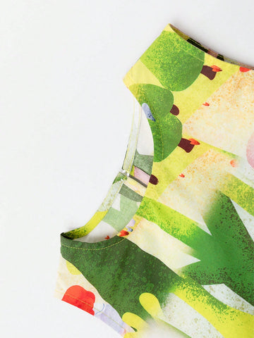 Young Girl's 2024 New Graffiti Printed Cotton Dress, Summer Sleeveless Princess Dress For Kids