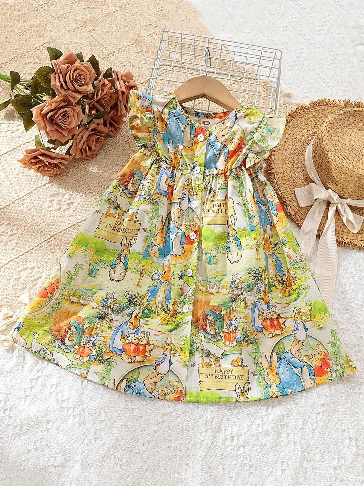 Young Girls' 2024 Spring Graffiti Bunny Design Cute & Elegant Short Sleeve Dress
