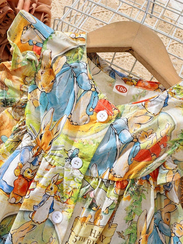 Young Girls' 2024 Spring Graffiti Bunny Design Cute & Elegant Short Sleeve Dress