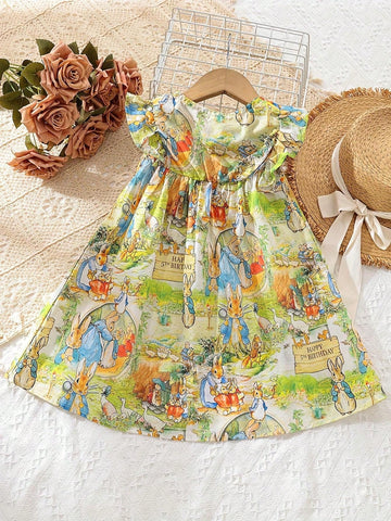 Young Girls' 2024 Spring Graffiti Bunny Design Cute & Elegant Short Sleeve Dress