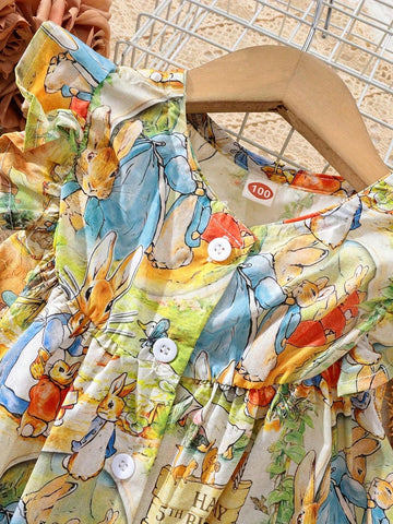 Young Girls' 2024 Spring Graffiti Bunny Design Cute & Elegant Short Sleeve Dress
