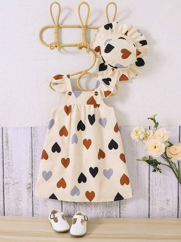 Young Girls' 2024 Summer New Heart Print Flying Sleeve Dress With Hat