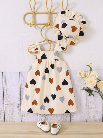 Young Girls' 2024 Summer New Heart Print Flying Sleeve Dress With Hat