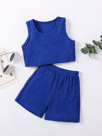 Young Girls' 2pcs/Set Casual/Sporty/Streetstyle Blue Bubble Texture Tank Top & Shorts Outfit For Summer