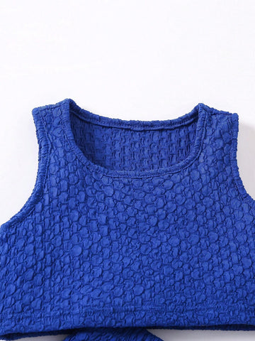Young Girls' 2pcs/Set Casual/Sporty/Streetstyle Blue Bubble Texture Tank Top & Shorts Outfit For Summer