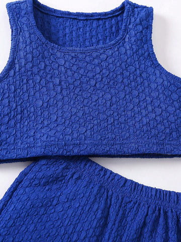 Young Girls' 2pcs/Set Casual/Sporty/Streetstyle Blue Bubble Texture Tank Top & Shorts Outfit For Summer