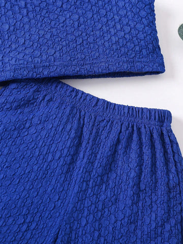 Young Girls' 2pcs/Set Casual/Sporty/Streetstyle Blue Bubble Texture Tank Top & Shorts Outfit For Summer
