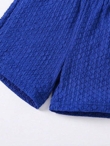 Young Girls' 2pcs/Set Casual/Sporty/Streetstyle Blue Bubble Texture Tank Top & Shorts Outfit For Summer