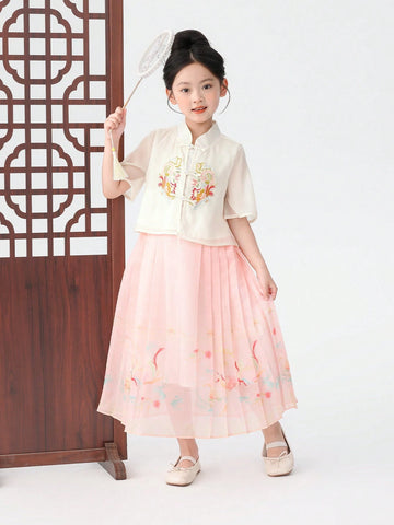 Young Girl's 2pcs Chinese Style Horse-Face Skirt Suit, Summer Hanfu Dress For Children, 2024 New Arrival