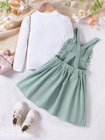 Young Girls 2pcs Set Knitted Long Sleeve Top & Corduroy Flower Pinafore Dress Casual Outfit, Autumn/Winter