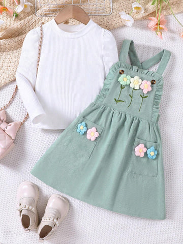 Young Girls 2pcs Set Knitted Long Sleeve Top & Corduroy Flower Pinafore Dress Casual Outfit, Autumn/Winter