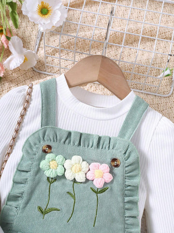 Young Girls 2pcs Set Knitted Long Sleeve Top & Corduroy Flower Pinafore Dress Casual Outfit, Autumn/Winter